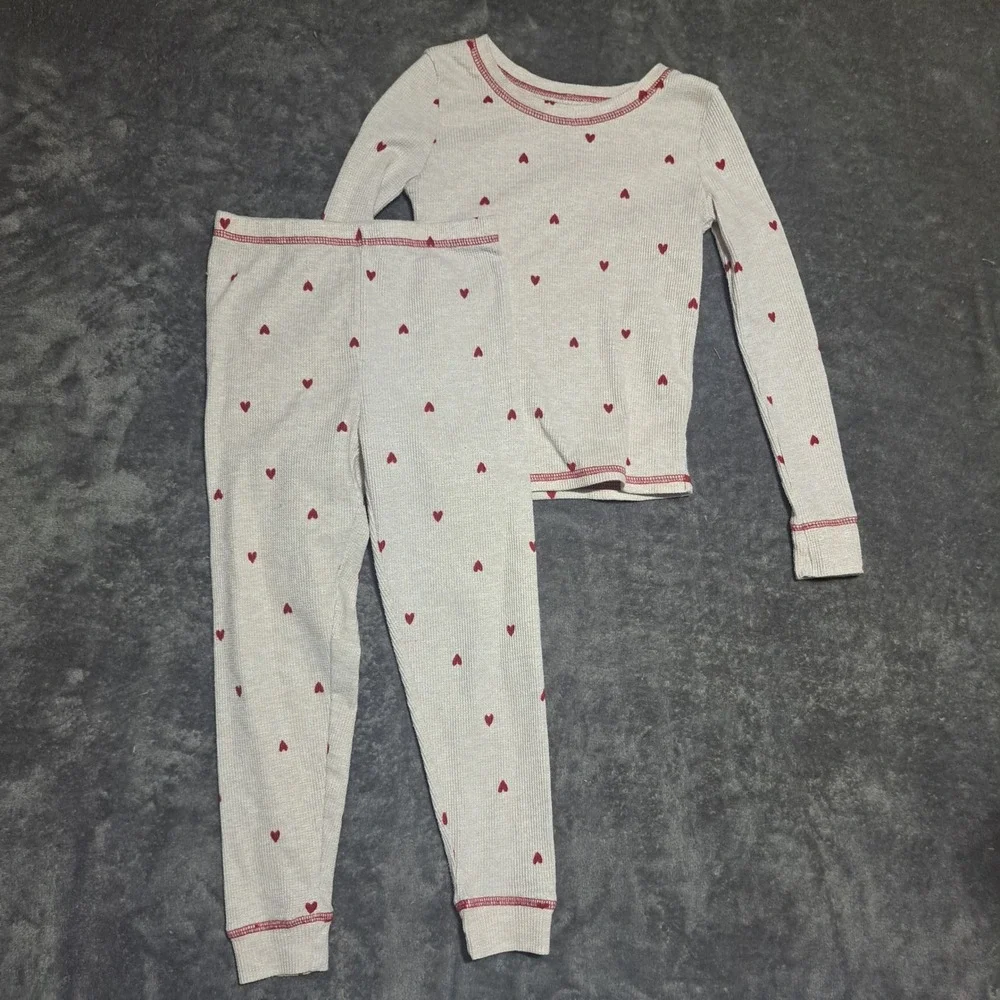 Laura Ashley Girls Waffle Knit Pajama Set Cream Red Hearts 2 Piece Sleepwear